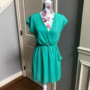 Green vneck faux wrap dress